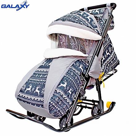 Санки-коляска Snow Galaxy Luxe Финская ночь на больших мягких колесах, с сумкой и муфтой 